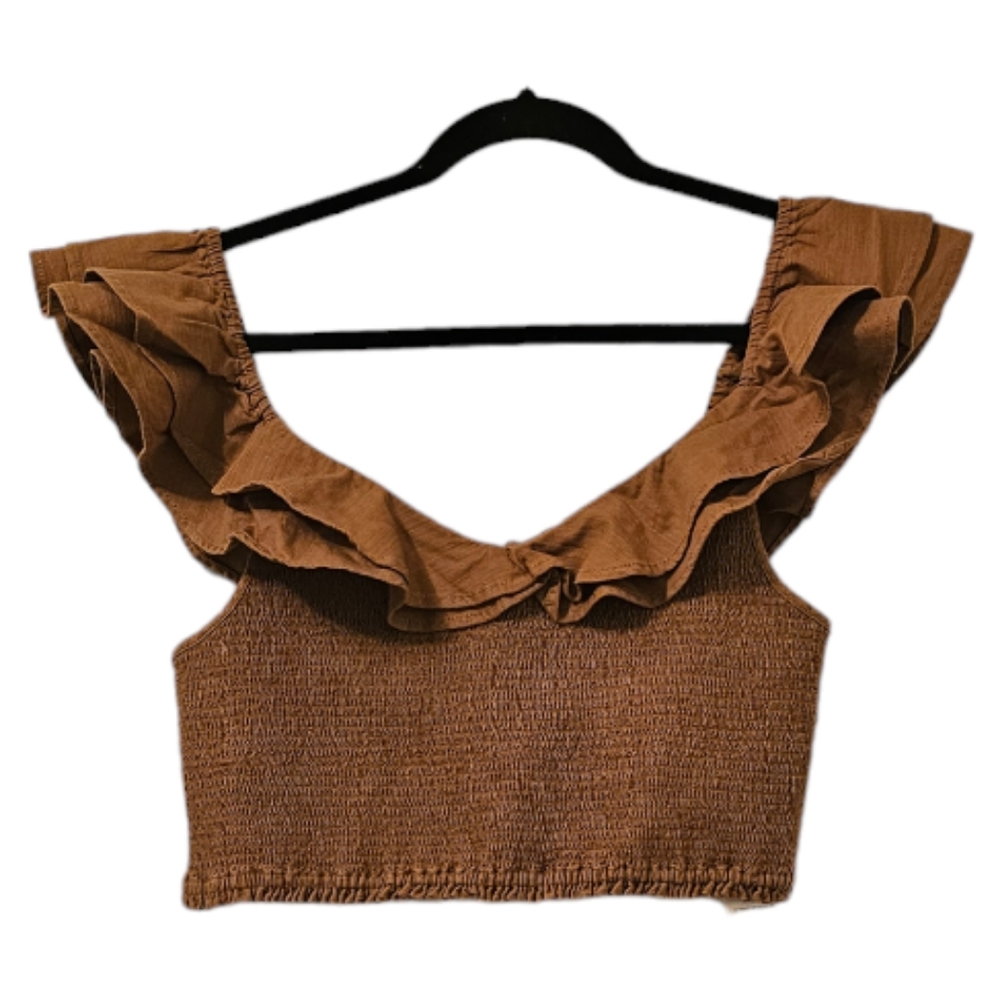 Beige Anthropologie Maeve Women's Ruffled Smocked Crop Top